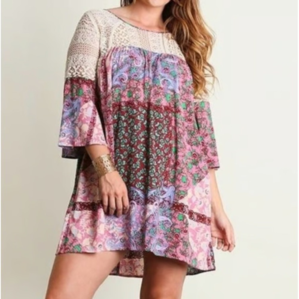 Umgee Boho Patchwork Print Floral Tunic Mini Dress Lace Bell Sleeve Pink 1XL XL